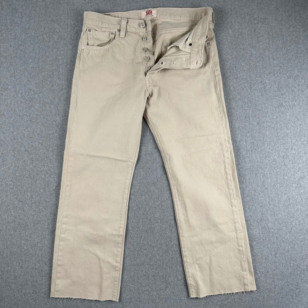 Levi's 501 XX Mens Jeans Khaki Tan Straight Leg Button Fly Raw Hem 32x30 (32x27)